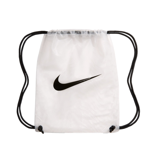 Translucent white Nike drawstring bag featuring a black swoosh logo on the front and black rope straps.