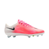 Side-view of a Nike soccer cleat with a pink-to-white gradient upper, black swoosh, pink laces, and white soleplate with clear-tipped studs on a plain white background.