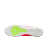 Underside of a white Nike Mercurial soccer cleat, featuring a neon green forefoot plate, translucent blue studs, and bright pink side accents.