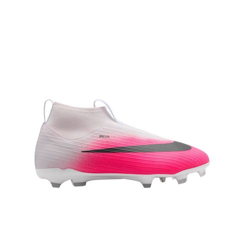 White and pink Nike soccer cleat with a laceless design and high-top ankle collar. Features a large black swoosh on the side.