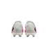 Rear view of white and pink soccer cleats with translucent heel counters and black accents on a white background.