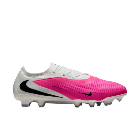 A low-cut Nike soccer cleat with a hot pink textured front, white heel, and black Nike swooshes, presented on a white background.