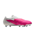 A Nike Phantom Venom soccer cleat in a white and vibrant pink colorway with a black Nike swoosh.