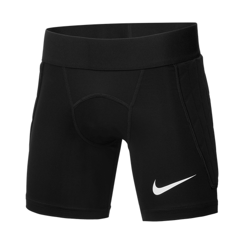 Black Nike athletic compression shorts featuring padded outer hip panels and a white Swoosh logo on the left leg.