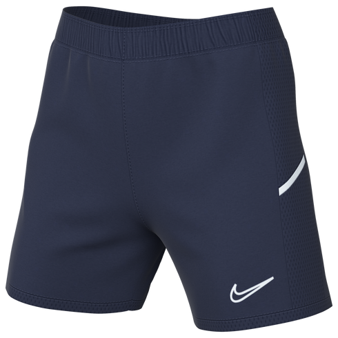 Navy blue Nike sports shorts featuring a white swoosh logo, an elastic waistband, and mesh side panels with a white stripe.