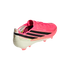 Rear side view of a pink and white Adidas F50 soccer boot with black stripes and World Cup branding on the heel.