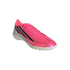 Bright pink Adidas F50 turf soccer shoe featuring black stripes and gold accents with a white studded sole.