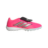 Side profile of a pink Adidas Predator football boot with silver stripes, a black fold-over tongue, and a white studded turf sole.
