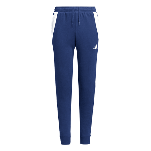 Blue Adidas sweatpants featuring white side panels near the waist, a white logo on the left thigh, a drawstring waist, and ribbed ankle cuffs.