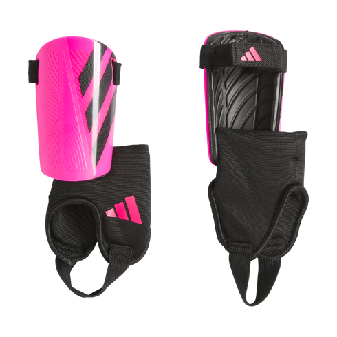 Bright pink and black Adidas soccer shin guards with ankle protection, featuring a hard outer shell and adjustable straps.