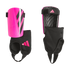 Bright pink and black Adidas soccer shin guards with ankle protection, featuring a hard outer shell and adjustable straps.