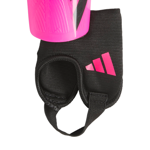 Pink Adidas shin guard shell and black padded ankle protector with a stirrup strap and pink three-stripe logo.