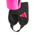 Pink Adidas shin guard shell and black padded ankle protector with a stirrup strap and pink three-stripe logo.
