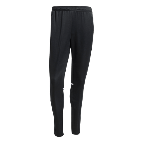 Black, tapered athletic track pants with an elastic waistband and small white horizontal stripes on the outer sides near the knees.