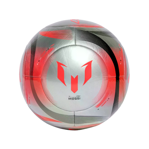 Metallic silver soccer ball with red and black graphic patterns, featuring the Lionel Messi logo and "MESSI 10" branding.