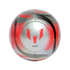 Metallic silver soccer ball with red and black graphic patterns, featuring the Lionel Messi logo and "MESSI 10" branding.