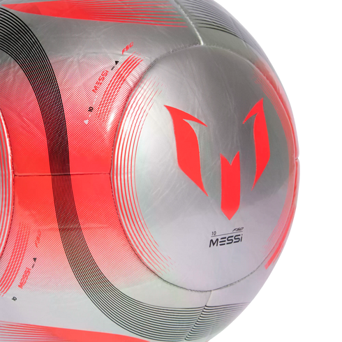 A silver soccer ball with red and black graphics, featuring the Messi brand logo and "10 MESSI" text.