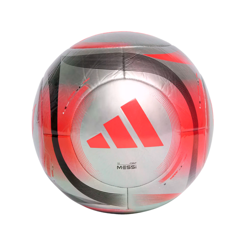 Silver Adidas soccer ball with red and black graphics, featuring Lionel Messi branding and the number 10.