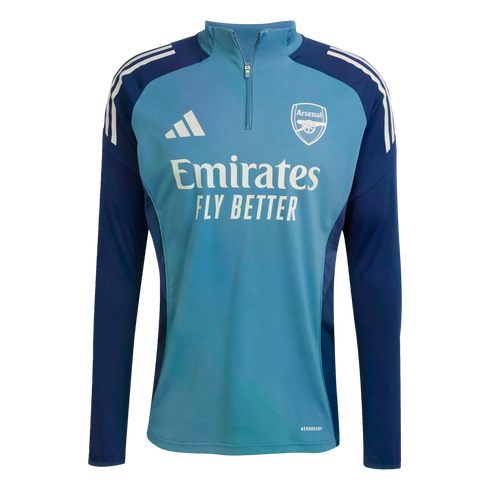 Light and dark blue Adidas Arsenal training top with a quarter-zip. Features the club crest, Adidas logo, and "Emirates FLY BETTER" sponsor.