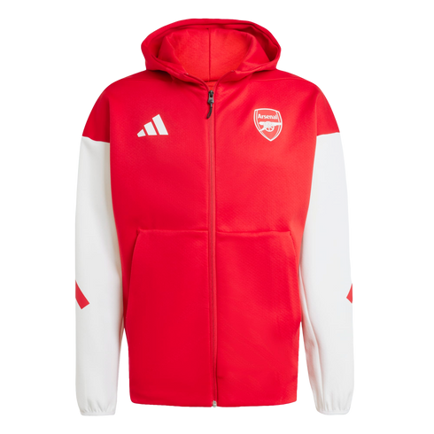 A red and white hooded zip-up jacket with the white Adidas logo on the right chest and the white Arsenal FC crest on the left chest.