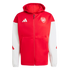 A red and white hooded zip-up jacket with the white Adidas logo on the right chest and the white Arsenal FC crest on the left chest.