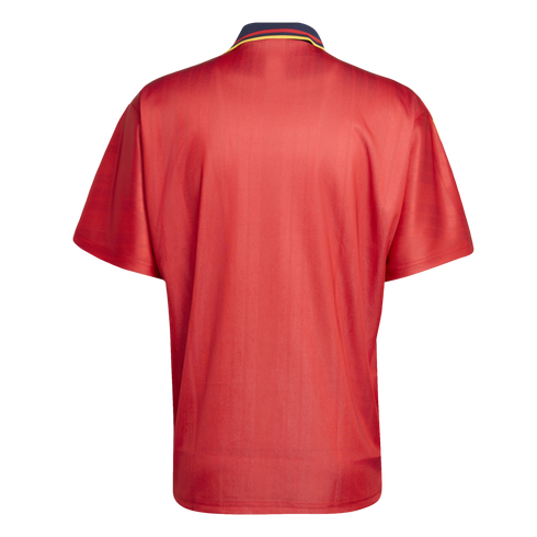 Back view of a red short-sleeved polo shirt with a dark collar accented by thin yellow and red stripes.