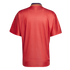 Back view of a red short-sleeved polo shirt with a dark collar accented by thin yellow and red stripes.