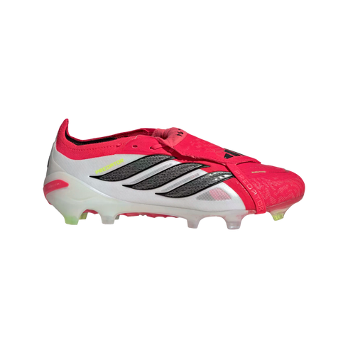 Pink and white Adidas Predator soccer cleat with three black stripes, a fold-over tongue, and neon yellow accents.