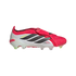 Pink and white Adidas Predator soccer cleat with three black stripes, a fold-over tongue, and neon yellow accents.