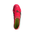 Top-down view of a bright pink Adidas Predator football boot with a fold-over tongue and lime green insole, set against a solid black background.