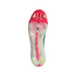 A soleplate view of an Adidas Predator soccer cleat featuring a translucent white and pink design, yellow studs, and a red forefoot strap.