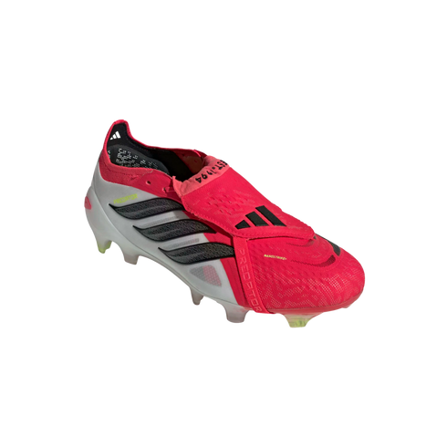 A pink and white Adidas Predator soccer cleat with black stripes and a fold-over tongue, displayed against a solid black background.