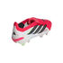Rear three-quarter view of a white Adidas Predator soccer cleat with pink and black accents on a solid black background.