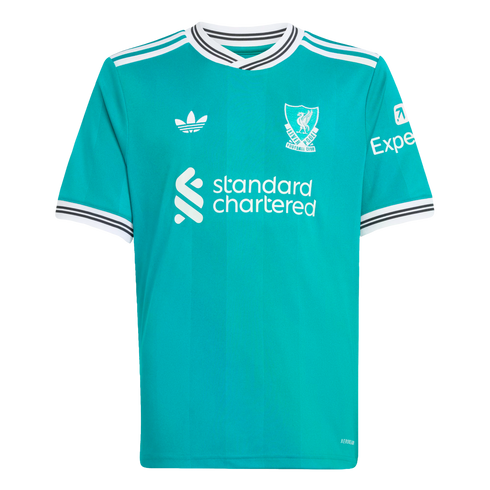 Teal Adidas Liverpool football jersey with white logos for the club crest and sponsors, featuring white stripes on the shoulders and cuffs.