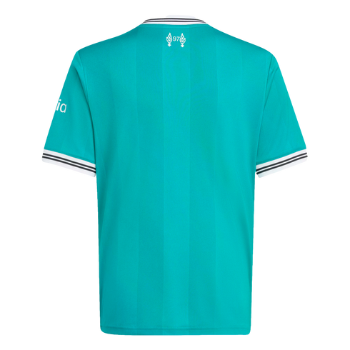 Back view of a teal football jersey with vertical stripes, white and black striped trim, and a '97' memorial logo with eternal flames at the back of the neck.