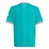 Back view of a teal football jersey with vertical stripes, white and black striped trim, and a '97' memorial logo with eternal flames at the back of the neck.