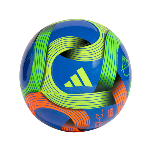 Blue Adidas MLS soccer ball with neon green and orange swirling graphics on a black background.