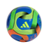 Blue Adidas MLS soccer ball with neon green and orange swirling graphics on a black background.