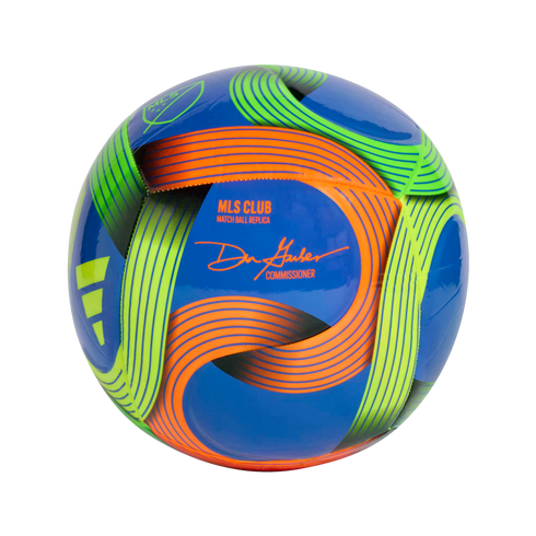 Blue soccer ball with neon green and orange curved graphics, featuring MLS branding and Commissioner Don Garber's signature.
