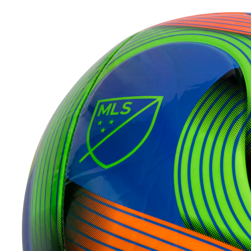 Close-up of a colorful soccer ball featuring a neon green MLS logo on a blue panel with vibrant green and orange curved stripes.