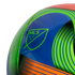 Close-up of a colorful soccer ball featuring a neon green MLS logo on a blue panel with vibrant green and orange curved stripes.