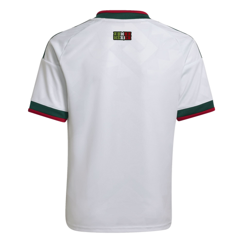 Back view of a white soccer jersey with green and red accents on the collar and cuffs. A small "Somos México" logo is centered on the upper back.