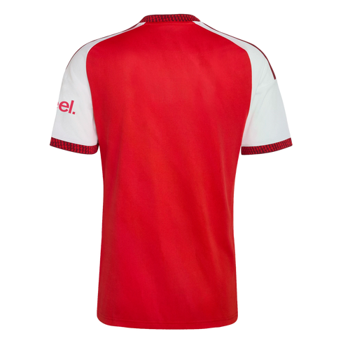Back view of a red sports jersey with white sleeves. It features a patterned red trim on the collar and sleeve cuffs, and white stripes along the shoulders.
