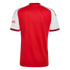 Back view of a red sports jersey with white sleeves. It features a patterned red trim on the collar and sleeve cuffs, and white stripes along the shoulders.