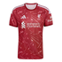 Red Liverpool F.C. football jersey with a white geometric pattern, featuring the Adidas logo, club crest, and Standard Chartered sponsor on the chest.