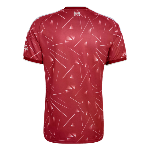 Back view of a red short-sleeved sports jersey with an all-over white pattern of diagonal lines and triangles. A small emblem with the number 97 is featured at the top center.
