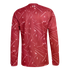 Back view of a red long-sleeved jersey with a white abstract pattern of lines and triangles. A "97" memorial emblem is printed at the top center.