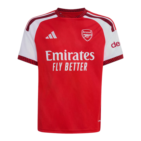 Arsenal home football jersey featuring a red torso, white sleeves, the club crest, Adidas logo, and "Emirates FLY BETTER" sponsor text.
