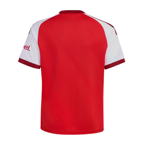 Back view of a red and white short-sleeved sports jersey with a patterned collar and sleeve cuffs.