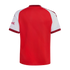 Back view of a red and white short-sleeved sports jersey with a patterned collar and sleeve cuffs.